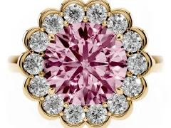 Fancy Pink Round Cut Diamond Halo Cluster Engagement Ring Set in Yellow gold with Solitaire Band and Prong Setting
