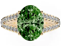 Fancy Green Oval Cut Diamond Split Shank Pavé Engagement Ring Set in Yellow gold with Prong-Held Center Stone