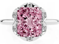 Fancy Pink Radiant Cut Diamond Round Cluster Halo Ring Set in Platinum with Solitaire Band and Prong Setting