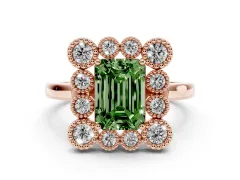 Fancy Green Emerald Cut Diamond Cluster Halo Ring Set in Rose gold with Milgrain Bezel Accents and Plain Band