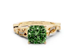 Fancy Green Cushion Cut Diamond Vine Band Solitaire Ring Set in Yellow gold with Milgrain Prong Setting