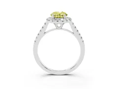Fancy Yellow Oval Cut Diamond Pavé Halo Engagement Ring Set in Platinum with Pavé Band and Prong Setting