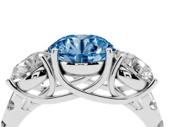 Fancy Blue Round Cut Diamond Three-Stone Ring Set in White gold with Pavé Band