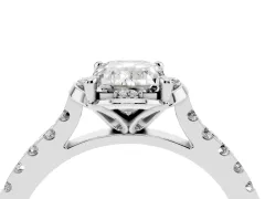 Emerald Cut Diamond Solitaire Ring Set in Silver with Pavé Band and Floral Prong Setting