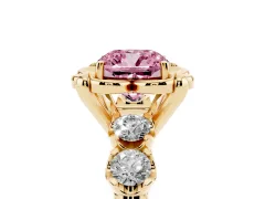 Fancy Pink Cushion Cut Diamond Floral Halo Ring Set in Yellow gold with Shared Prong Band