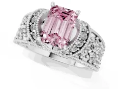 Fancy Pink Emerald Cut Diamond Milgrain Halo Pavé Engagement Ring Set in White gold with Prong Setting