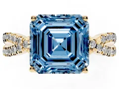 Fancy Blue Asscher Cut Diamond Twist Pavé Solitaire Engagement Ring Set in Yellow gold with Prong Setting