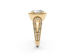 Oval Cut Diamond Halo Ring Set in Yellow gold with Milgrain Accent Split Shank