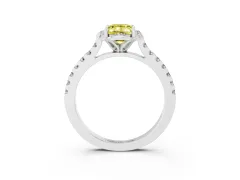 Fancy Yellow Emerald Cut Diamond Solitaire Ring Set in White gold with Pavé Band and Floral Prong Setting