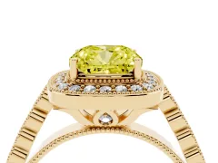 Fancy Yellow Cushion Cut Diamond Milgrain Halo Solitaire Ring Set in Yellow gold with Bezel Set Side Stones and Pavé Band