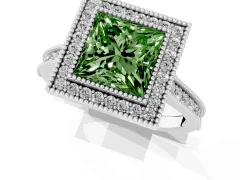 Fancy Green Princess Cut Diamond Halo Milgrain Pavé Band Ring Set in White gold with Prong Setting