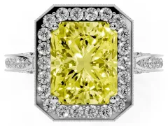 Fancy Yellow Radiant Cut Diamond Halo Engagement Ring Set in White gold with Accent Split Shank Band