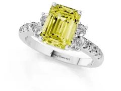 Fancy Yellow Emerald Cut Diamond Three-Stone Pavé Ring Set in Silver with Prong Setting