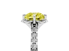 Fancy Yellow Cushion Cut Diamond Solitaire Ring Set in Platinum with Pavé Band and Floral Prong Setting