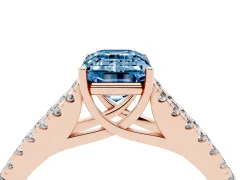 Fancy Blue Emerald Cut Diamond Split Shank Pavé Engagement Ring Set in Rose gold with Prong-Held Center Stone