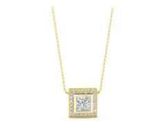 Princess Cut Diamond Halo Pendant Set in Yellow gold with Bezel-Set Center