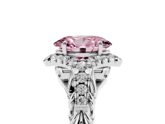 Fancy Pink Oval Cut Diamond Solitaire Ring Set in Platinum with Hidden Halo and Pavé Band