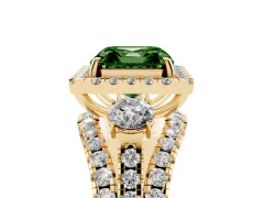 Fancy Green Asscher Cut Diamond Halo Split Shank Ring Set in Yellow gold with Round Accent Stones and Prong Setting