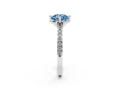 Fancy Blue Round Cut Diamond Solitaire Ring Set in White gold with Pavé Band and Floral Prong Setting
