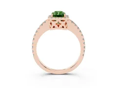Fancy Green Radiant Cut Diamond Halo Ring Set in Rose gold with Pavé Shoulders and Halo-Framed Center