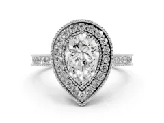 Pear Cut Diamond Halo Milgrain Pavé Band Ring Set in Silver with Prong Setting