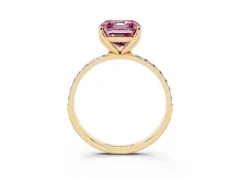 Fancy Pink Asscher Cut Diamond Solitaire Engagement Ring Set in Yellow gold with Round Pavé Band and Prong Setting