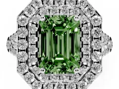 Fancy Green Emerald Cut Diamond Double Halo Ring Set in Platinum with Pavé Split Shank and Prong Setting