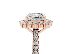 Cushion Cut Diamond Halo Ring Set in Rose gold with Pavé Band and Prong Setting