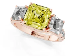 Fancy Yellow Asscher Cut Diamond Three-Stone Ring Set in Rose gold with Pavé Band