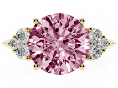 Fancy Pink Round Cut Diamond Cluster Ring Set in Yellow gold with Plain Band and Prong Setting