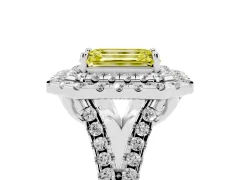 Fancy Yellow Emerald Cut Diamond Double Halo Ring Set in Platinum with Pavé Split Shank and Prong Setting