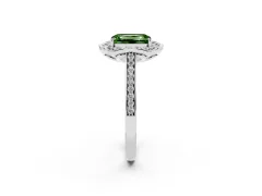 Fancy Green Emerald Cut Diamond Halo Ring Set in Silver with Pavé-Lined Shoulders and Prong Setting