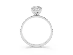 Cushion Cut Diamond Solitaire Engagement Ring Set in White gold with Round Pavé Band and Prong Setting