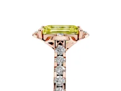 Fancy Yellow Emerald Cut Diamond Solitaire Ring Set in Rose gold with Pavé Band and Floral Prong Setting