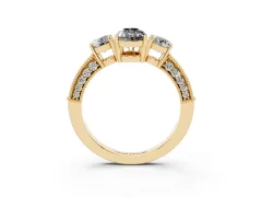 Fancy Black Pear Cut Diamond Three-Stone Ring Set in Yellow gold with Round Side Stones and Pavé Band