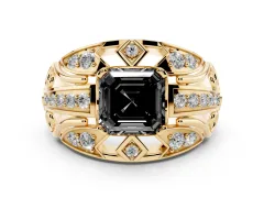 Fancy Black Asscher Cut Diamond Art Deco Ring Set in Yellow gold with Pavé Split Shank
