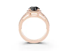 Fancy Black Round Cut Diamond Halo Ring Set in Rose gold with Double Pavé Split Shank