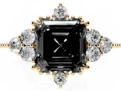 Fancy Black Asscher Cut Diamond Cluster Ring Set in Yellow gold with Beaded Band