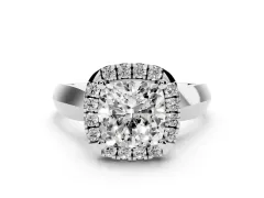 Cushion Cut Diamond Halo Solitaire Engagement Ring Set in Silver with Square Band and Prong Setting