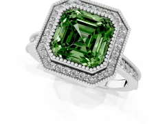 Fancy Green Asscher Cut Diamond Halo Milgrain Pavé Band Ring Set in Silver with Prong Setting