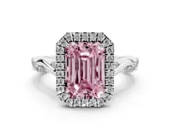 Fancy Pink Emerald Cut Diamond Halo Twist Band Solitaire Ring Set in Platinum with Prong Setting