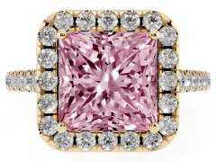 Fancy Pink Princess Cut Diamond Pavé Halo Engagement Ring Set in Yellow gold with Pavé Band and Prong Setting