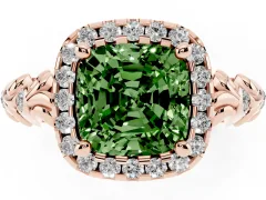 Fancy Green Cushion Cut Diamond Halo Ring Set in Rose gold with Filigree Leaf Band and Prong Setting