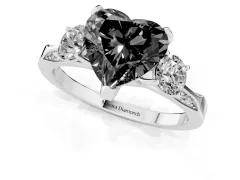 Fancy Black Heart Cut Diamond Three-Stone Ring Set in White gold with Pavé Band and Smaller Side Stones