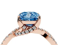 Fancy Blue Cushion Cut Diamond Twist Pavé Solitaire Engagement Ring Set in Rose gold with Prong Setting
