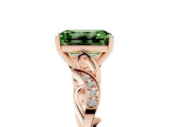 Fancy Green Emerald Cut Diamond Vine Band Solitaire Ring Set in Rose gold with Milgrain Prong Setting