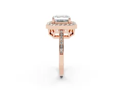 Asscher Cut Diamond Halo Ring Set in Rose gold with Accent-Lined Split Shank and Prong Setting