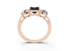 Fancy Black Asscher Cut Diamond Three-Stone Ring Set in Rose gold with Round Side Stones and Classic Band
