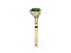 Fancy Green Heart Cut Diamond Three-Stone Ring Set in Yellow gold with Pavé Band and Smaller Side Stones