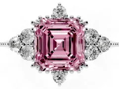 Fancy Pink Asscher Cut Diamond Cluster Ring Set in Platinum with Beaded Band
